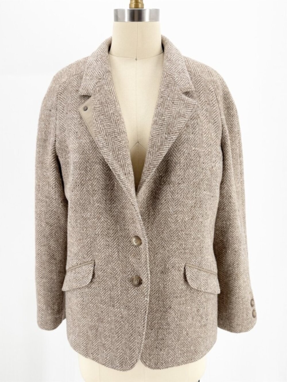RAVENS Herringbone Tan Wool 2-Button Women's Blazer Vtg 8